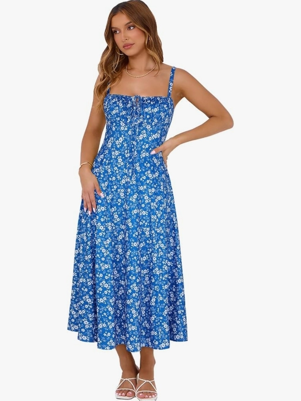 Blue Floral Square-Neck Milkmaid  Midi Dress - Large NWOT